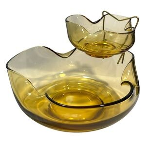 Vintage 1970s Anchor Hocking Accent Modern Amber Glass Chip and Dip Bowls Set
